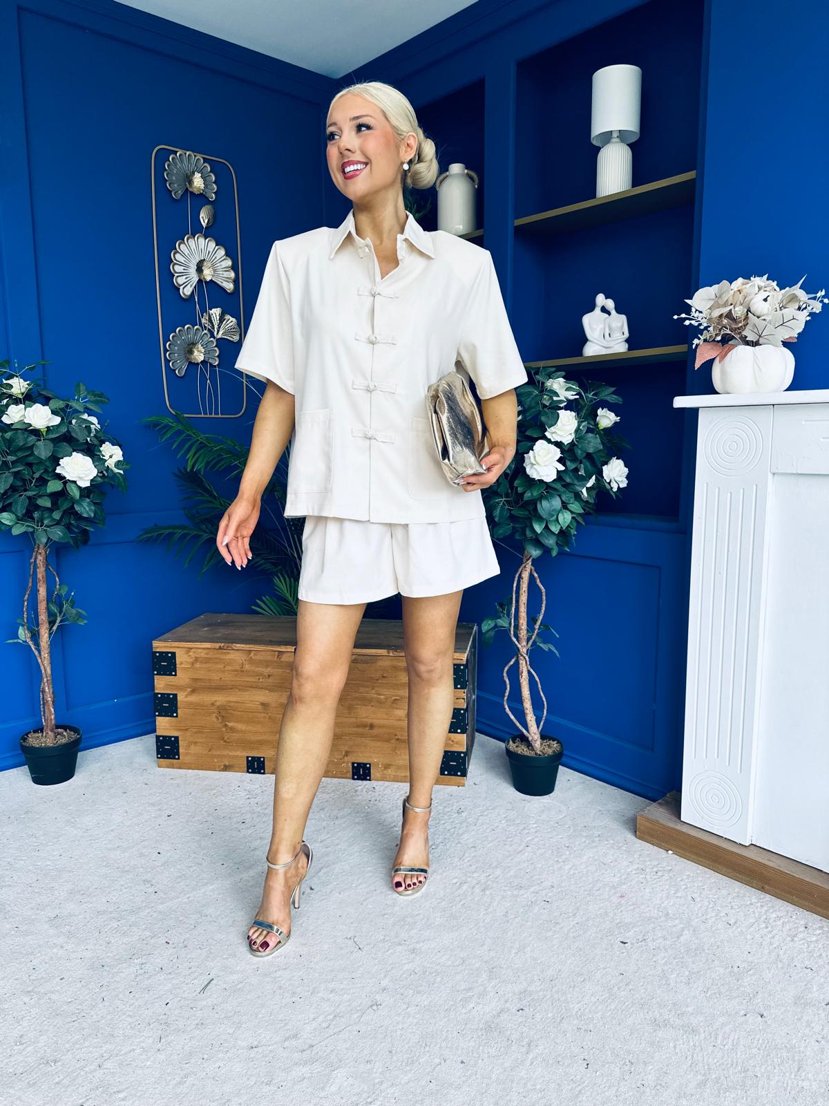 Jackie Detailed Oversized Shirt & Short Set Cream