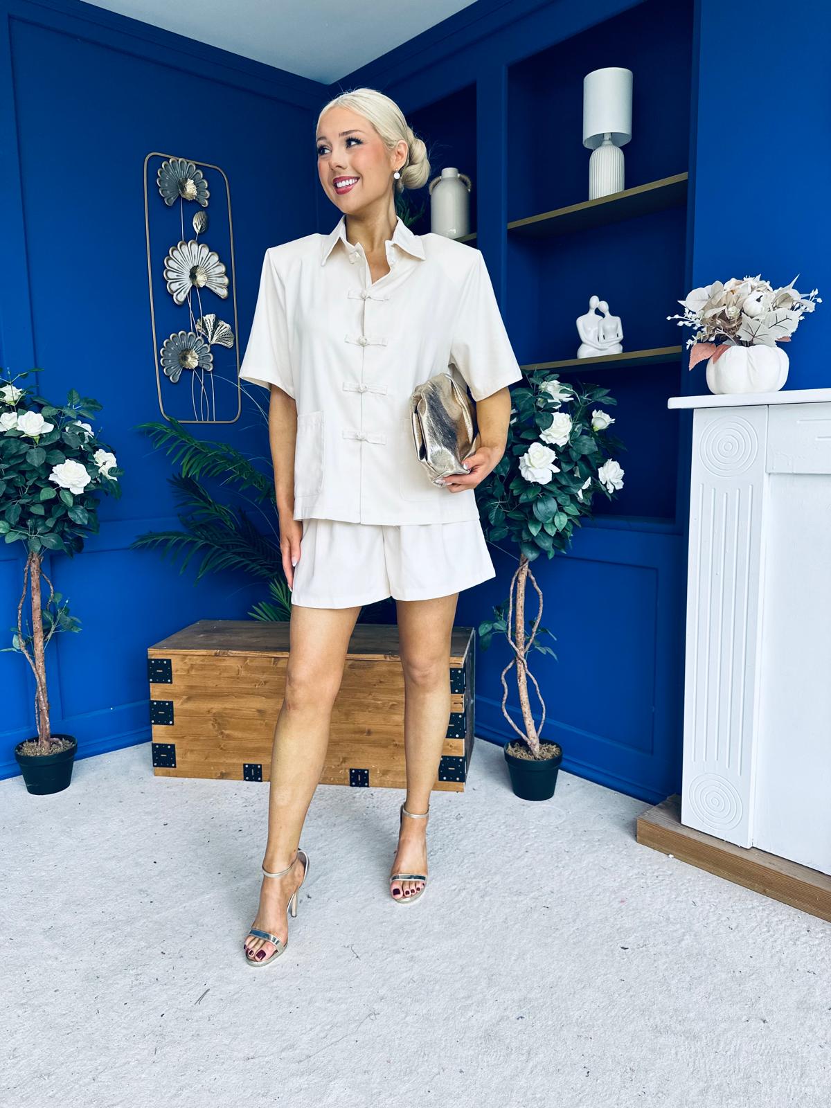 Jackie Detailed Oversized Shirt & Short Set Cream