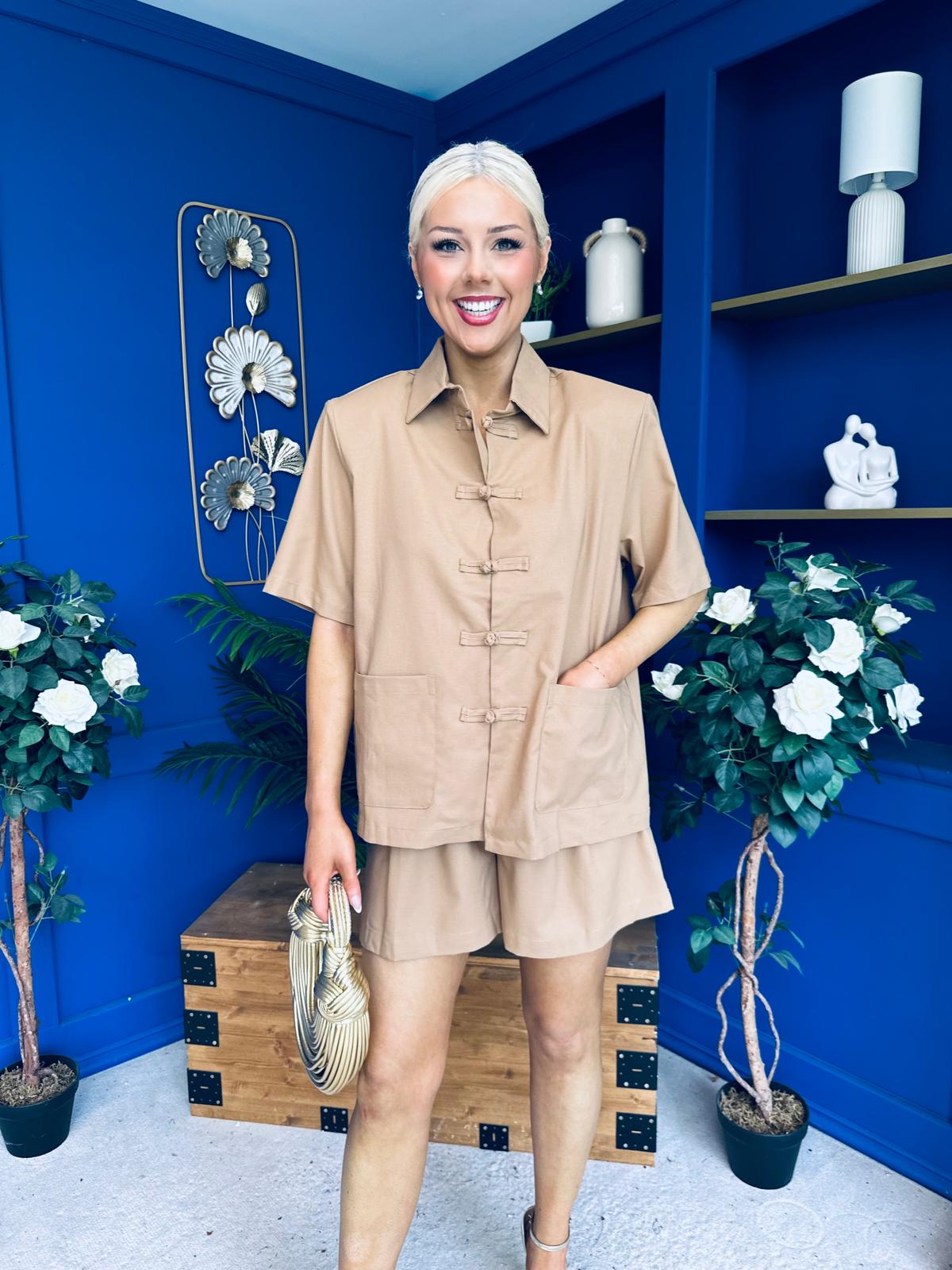 Jackie Detailed Oversized Shirt & Short Set Tan
