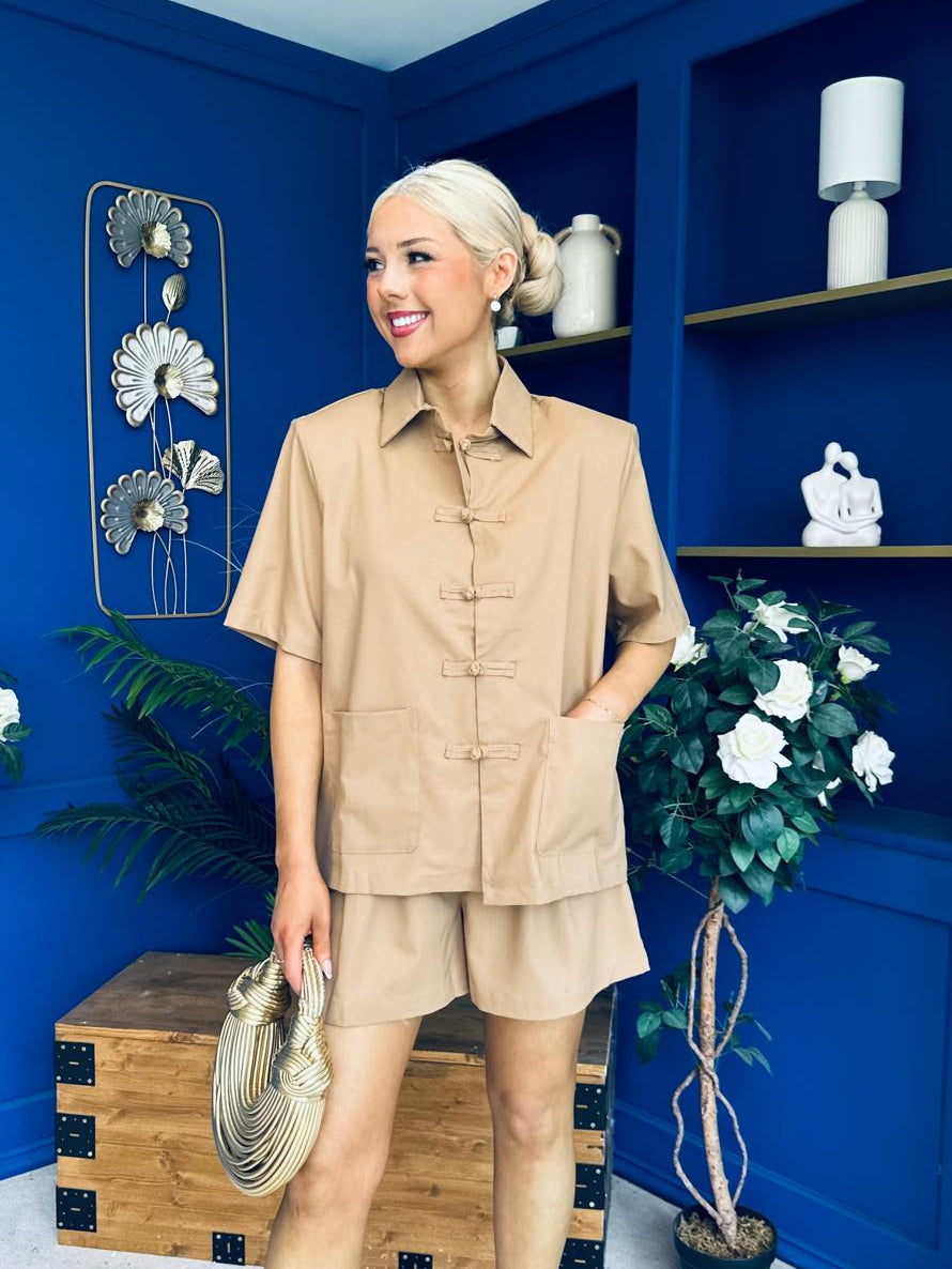 Jackie Detailed Oversized Shirt & Short Set Tan