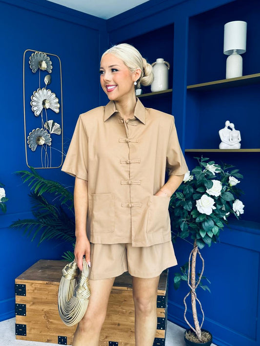 Jackie Detailed Oversized Shirt & Short Set Tan