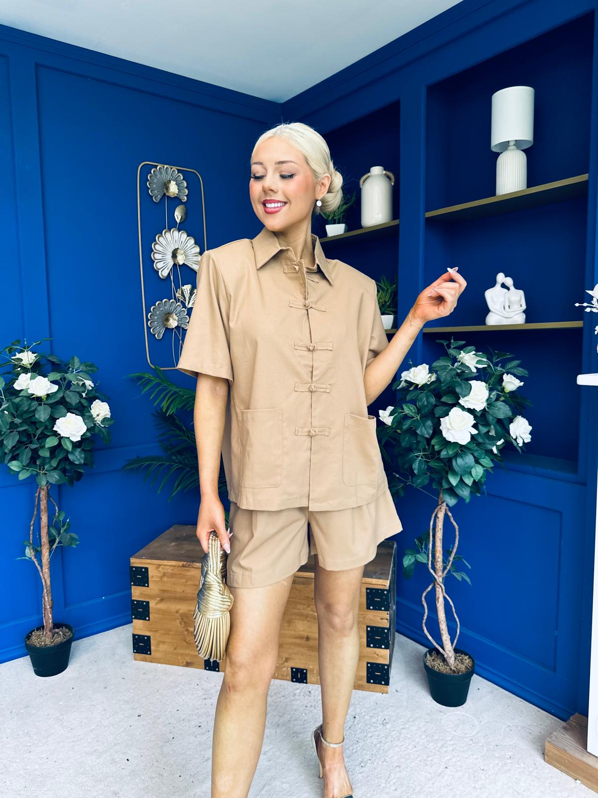 Jackie Detailed Oversized Shirt & Short Set Tan