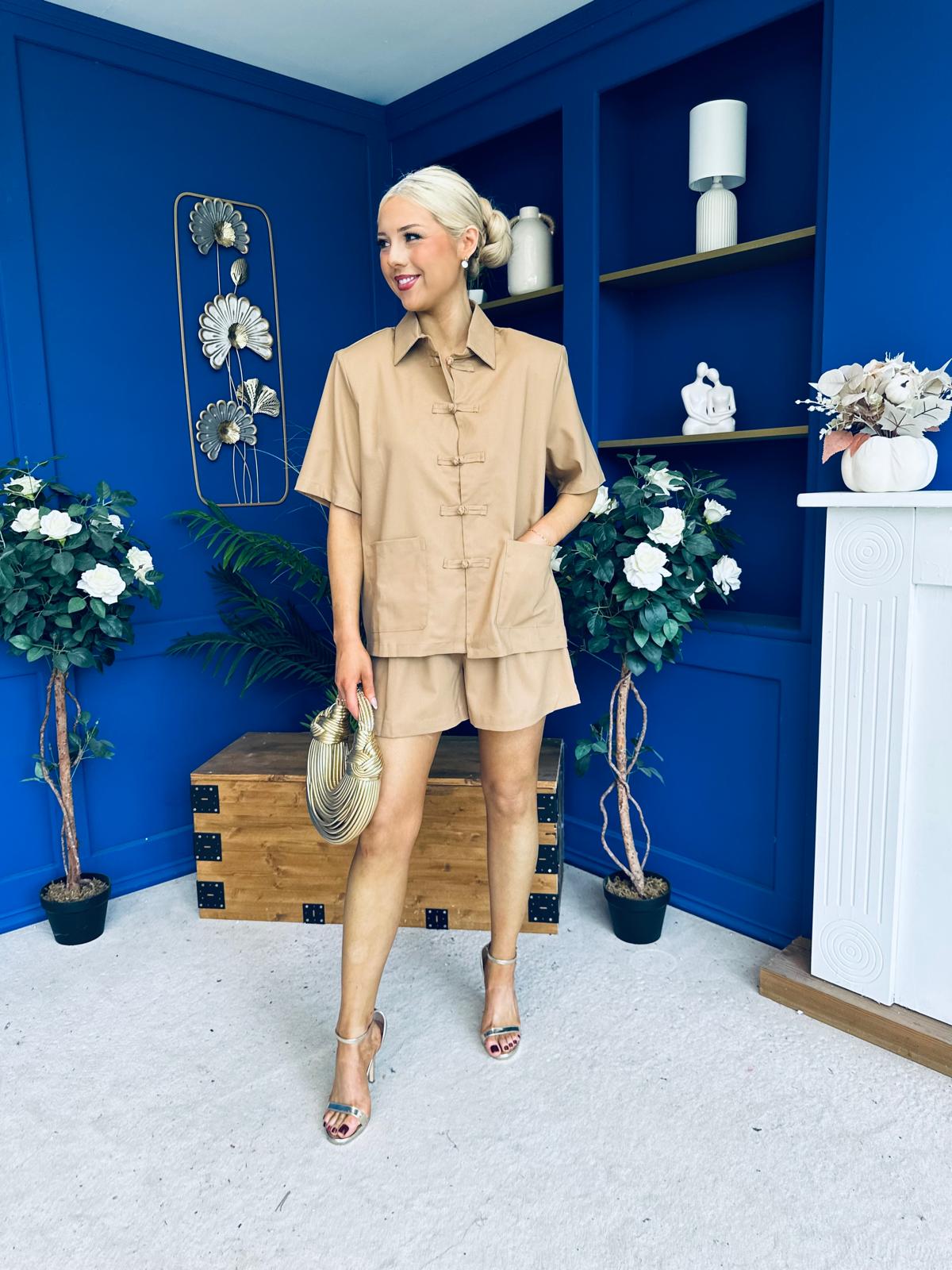Jackie Detailed Oversized Shirt & Short Set Tan