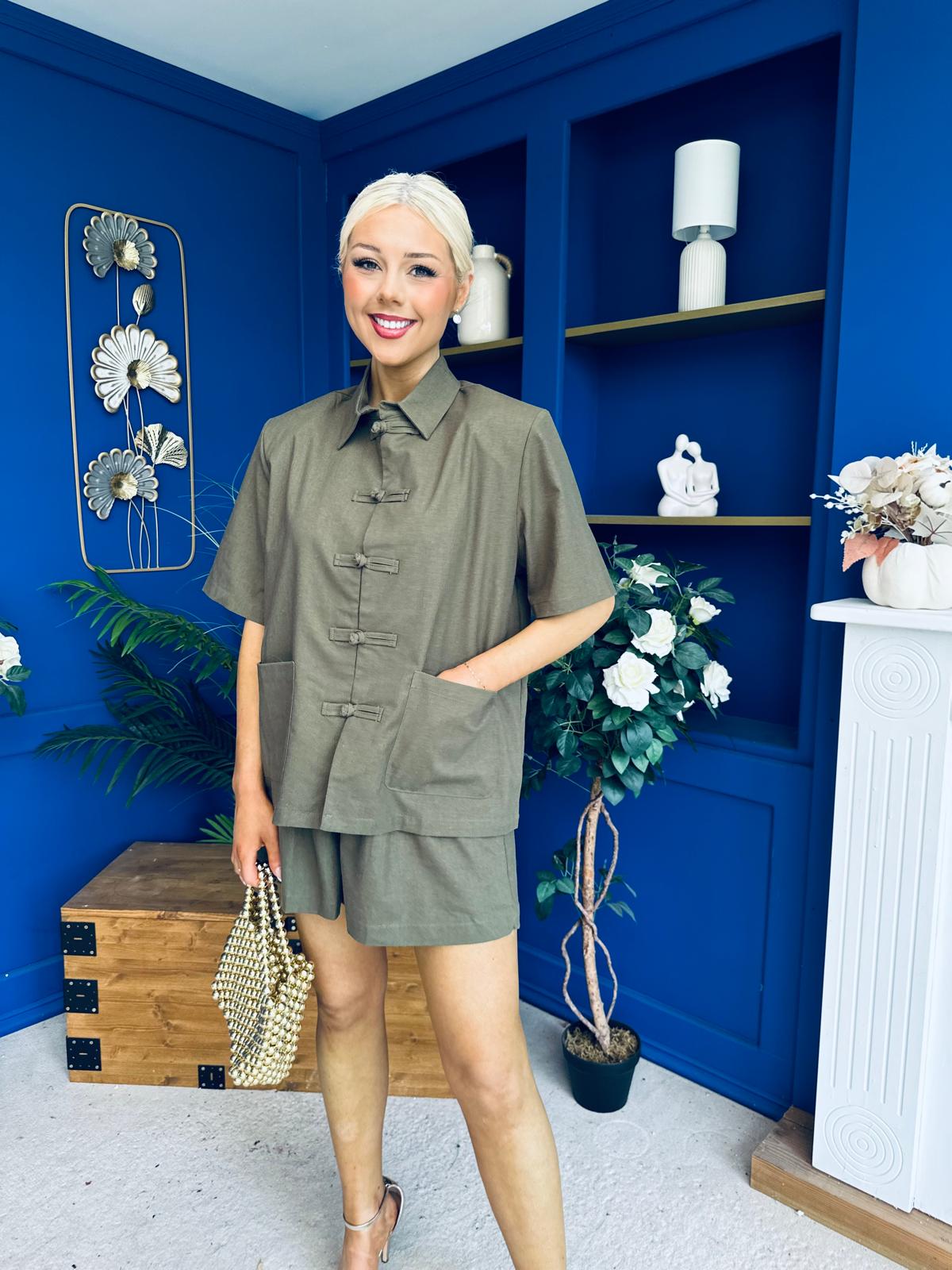 Jackie Detailed Oversized Shirt & Short Set Khaki