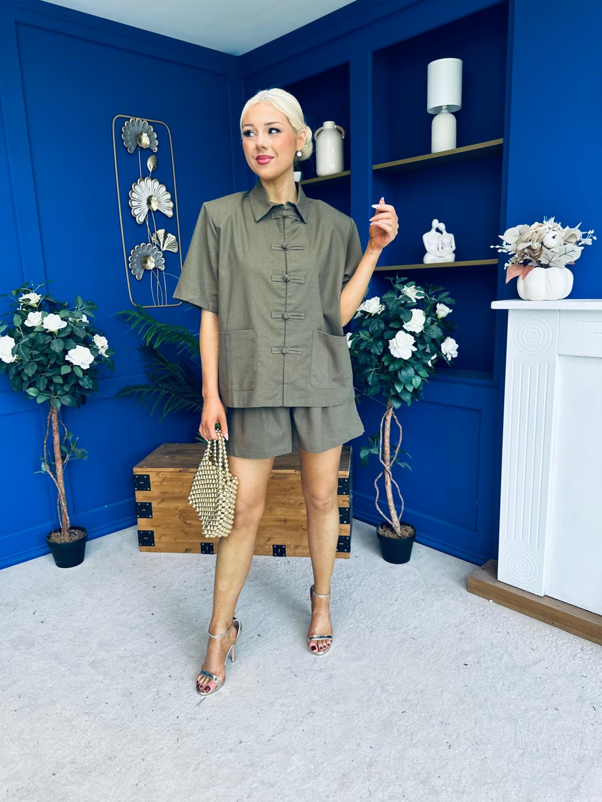 Jackie Detailed Oversized Shirt & Short Set Khaki