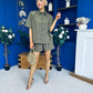 Jackie Detailed Oversized Shirt & Short Set Khaki