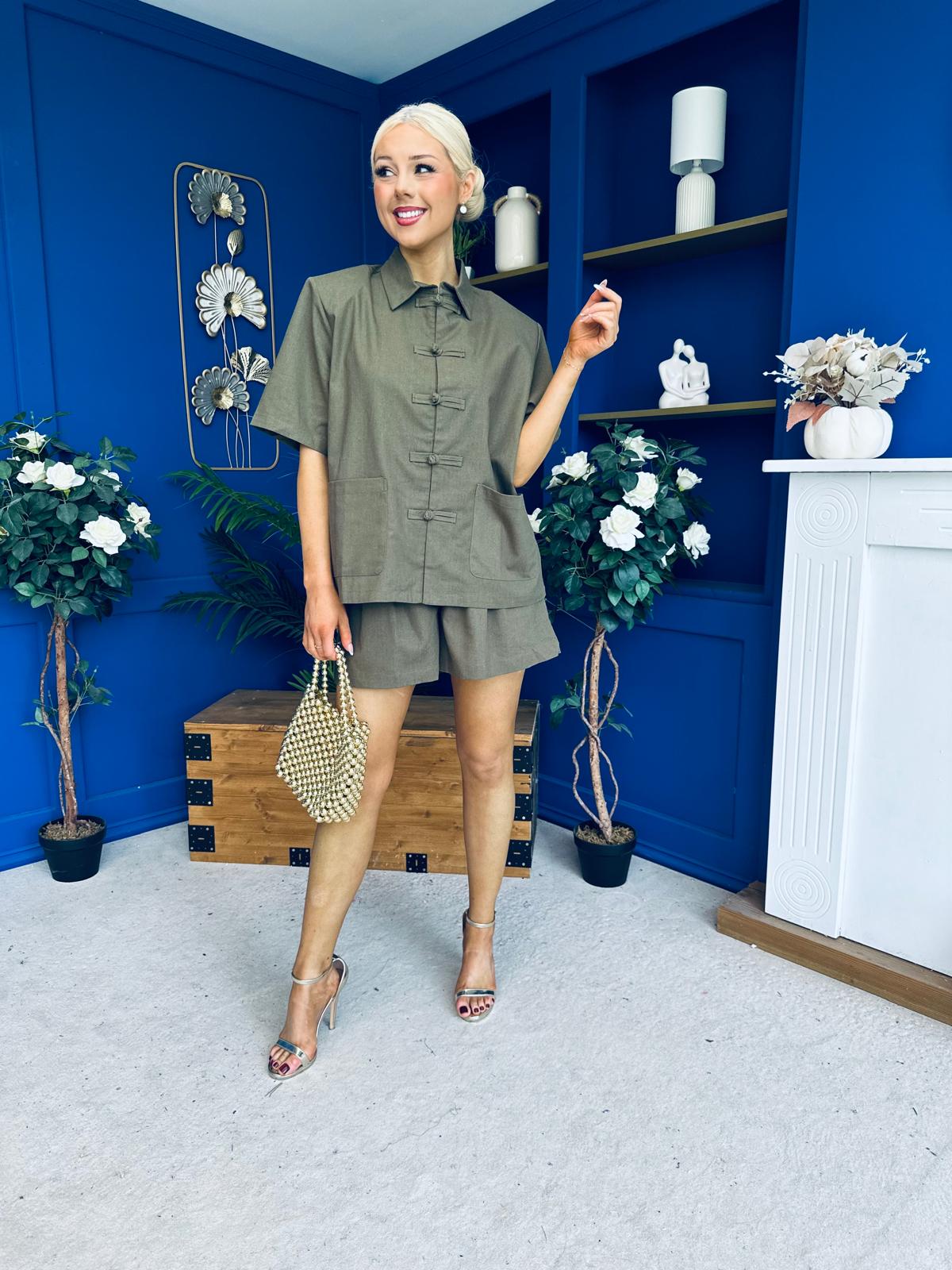 Jackie Detailed Oversized Shirt & Short Set Khaki