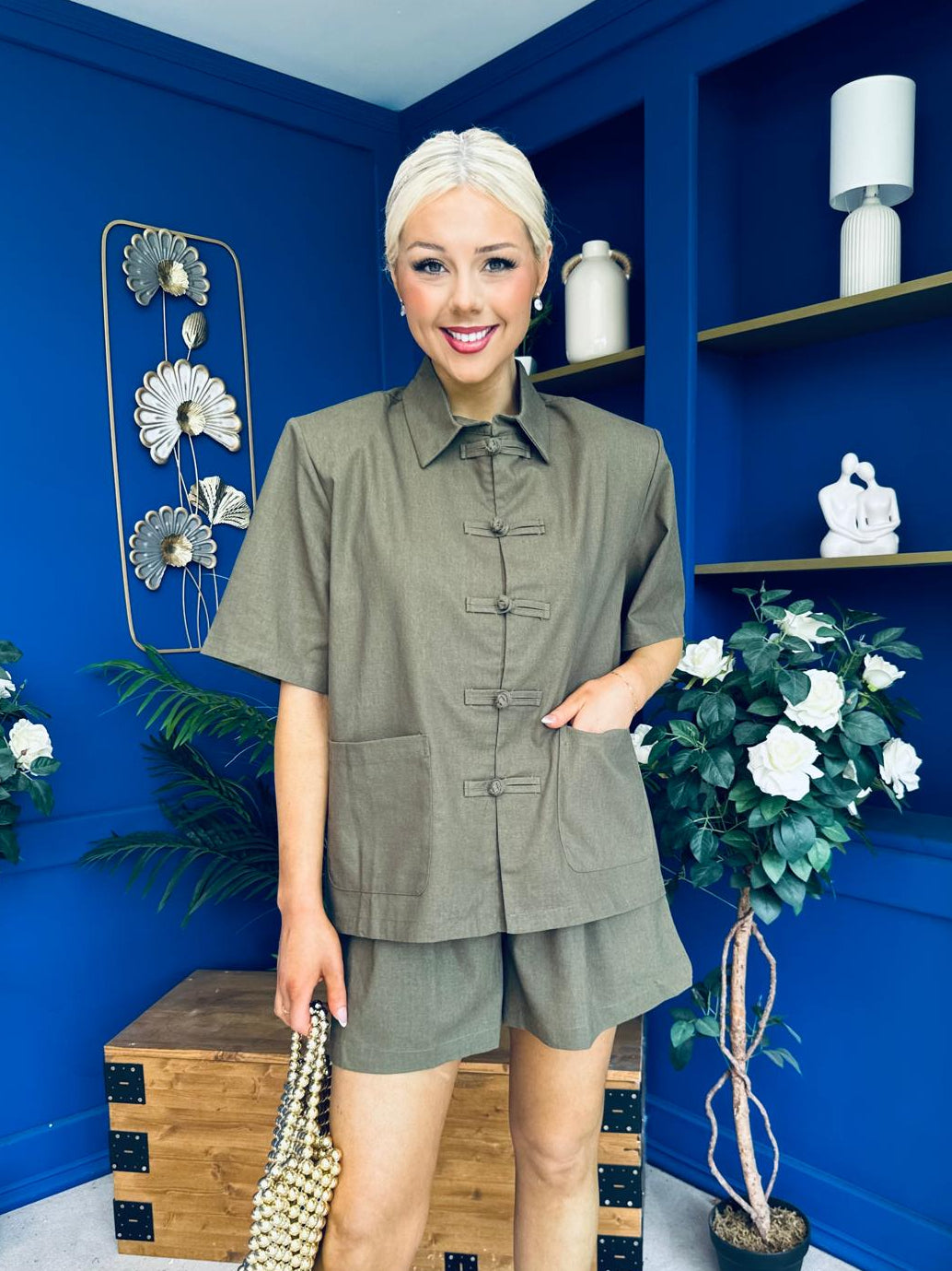 Jackie Detailed Oversized Shirt & Short Set Khaki