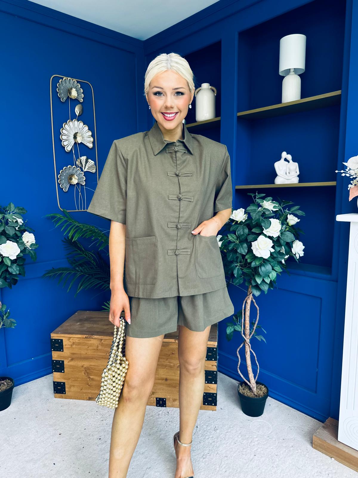 Jackie Detailed Oversized Shirt & Short Set Khaki
