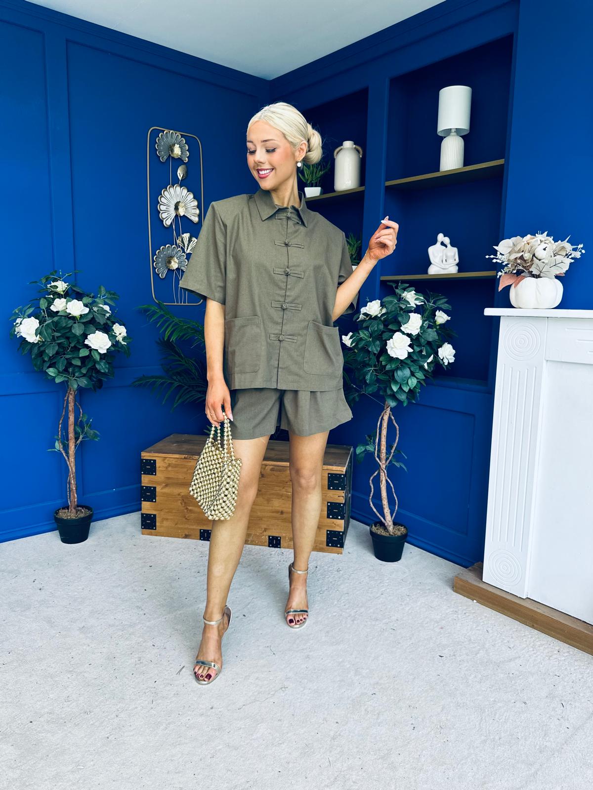 Jackie Detailed Oversized Shirt & Short Set Khaki