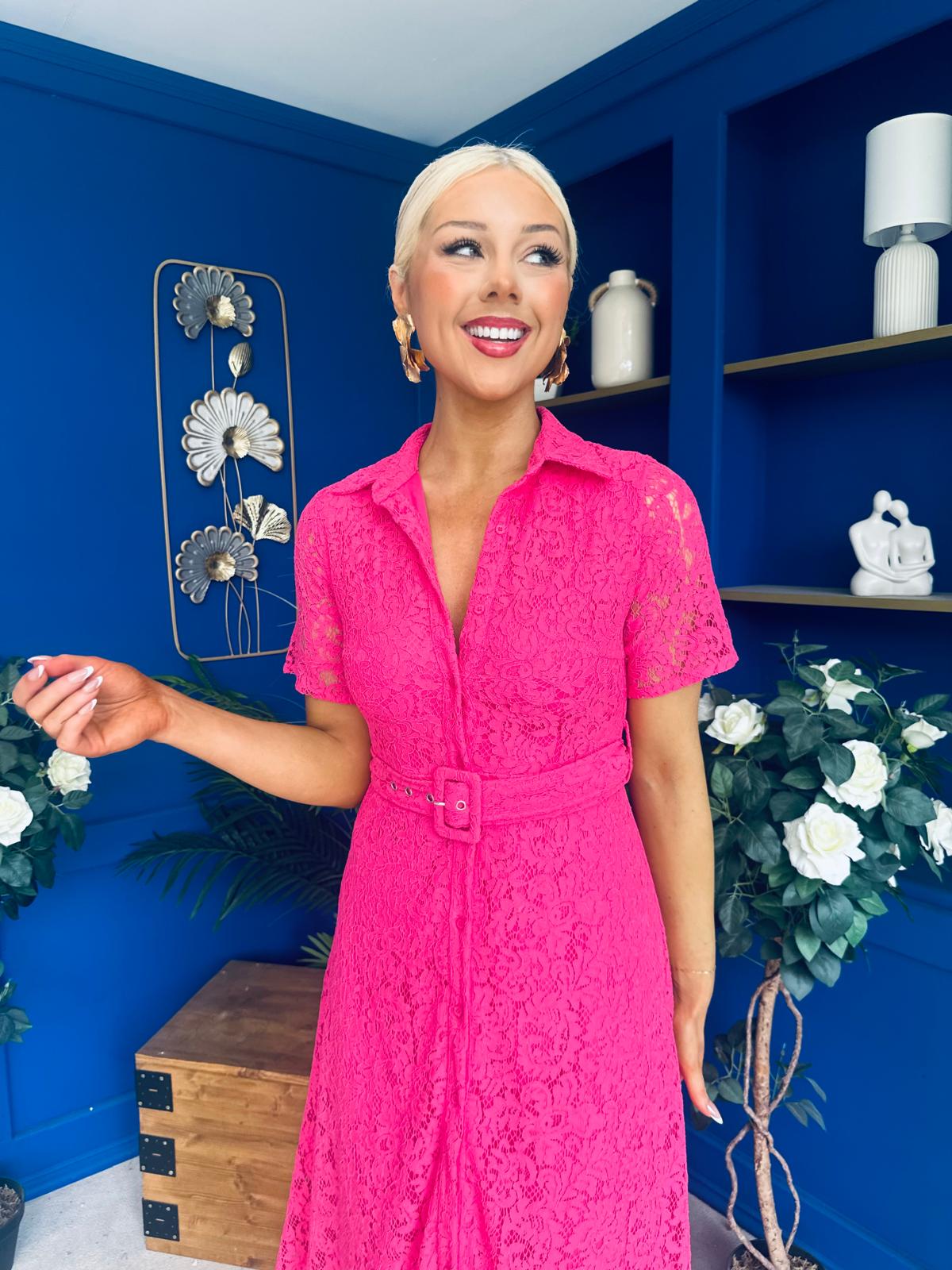 Belinda Lace Detail Shirt Dress Pink