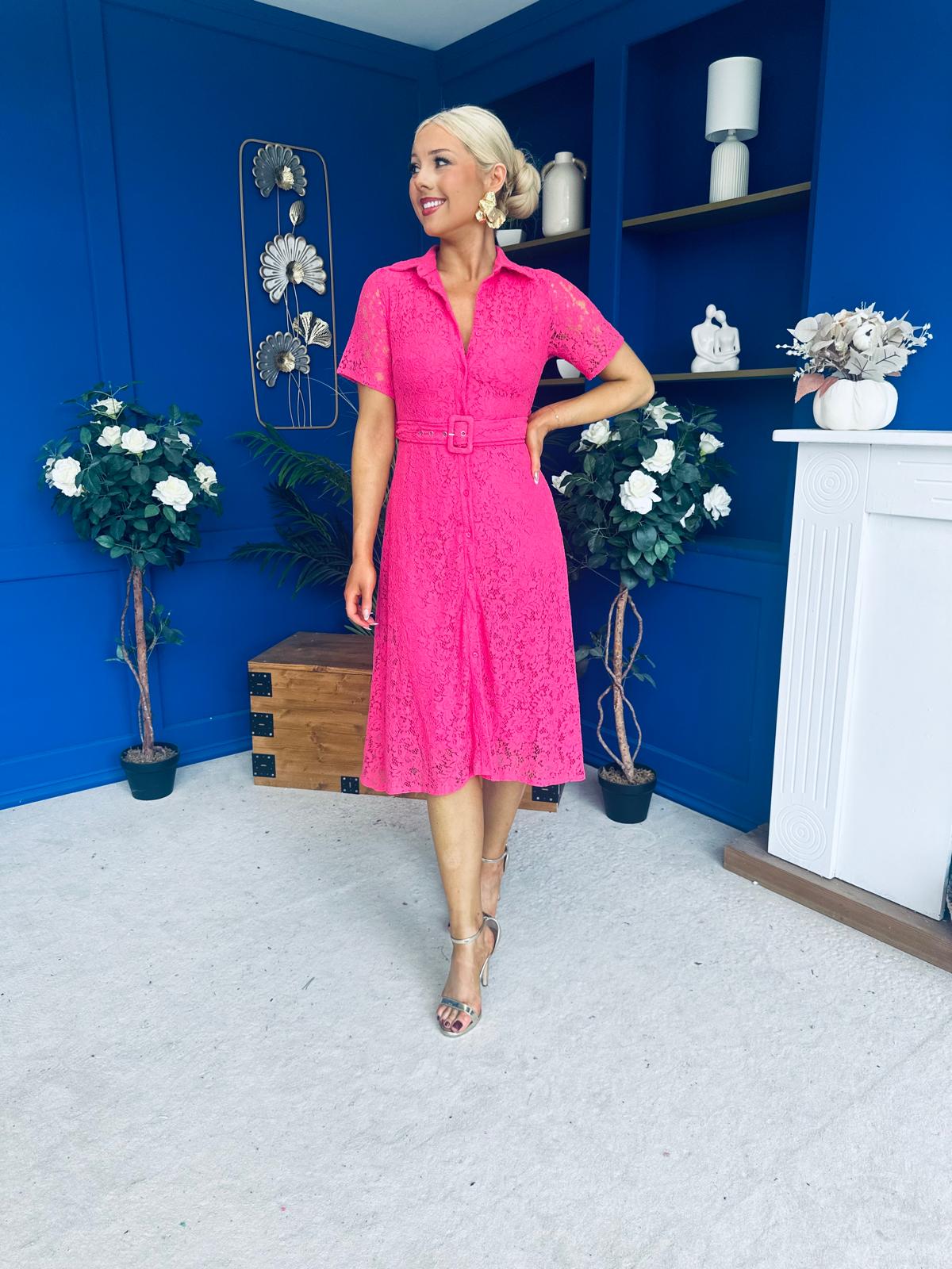 Belinda Lace Detail Shirt Dress Pink