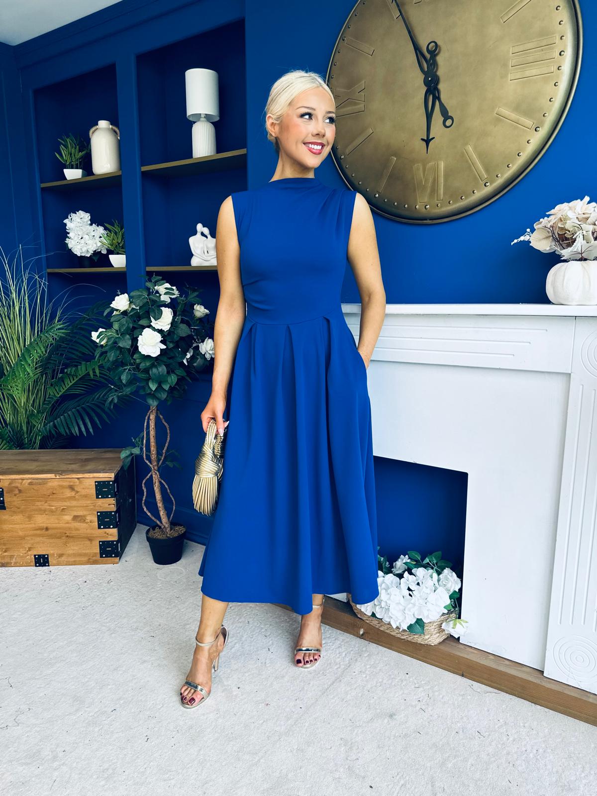 Romy Pleated Neck Midi Dress Cobalt