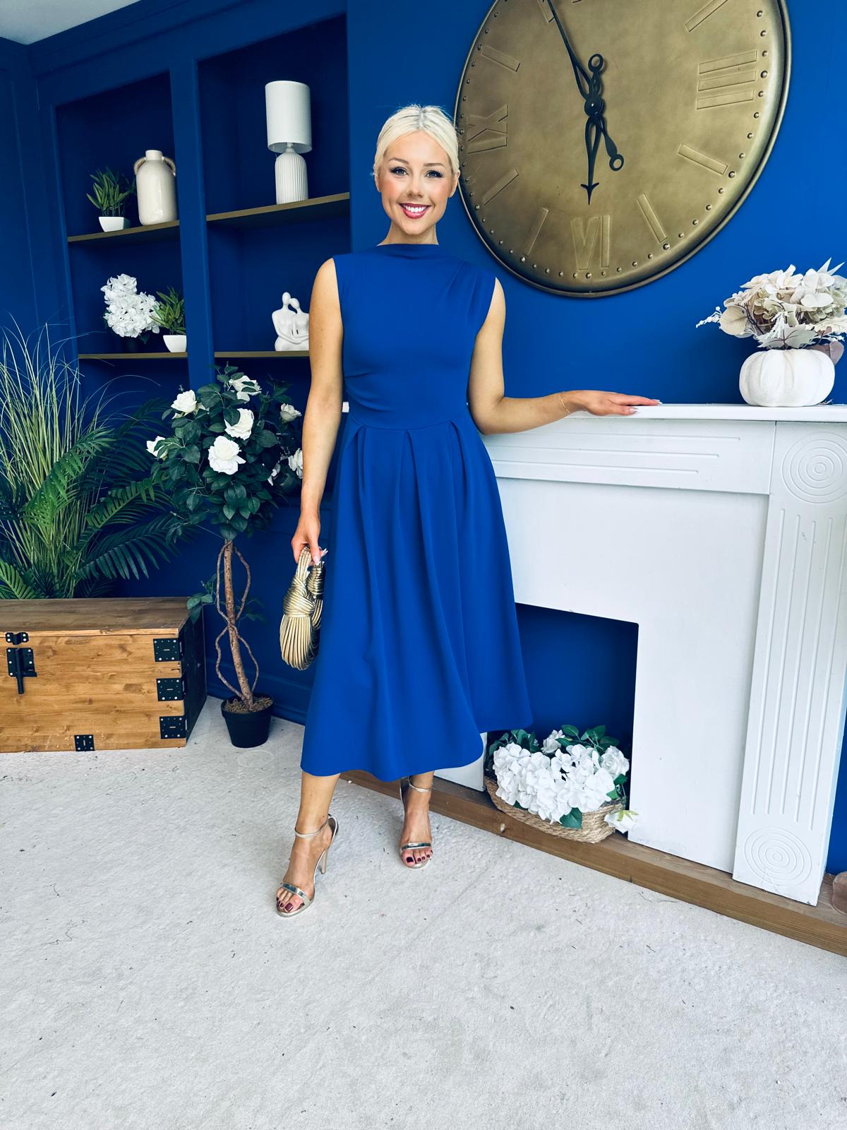 Romy Pleated Neck Midi Dress Cobalt