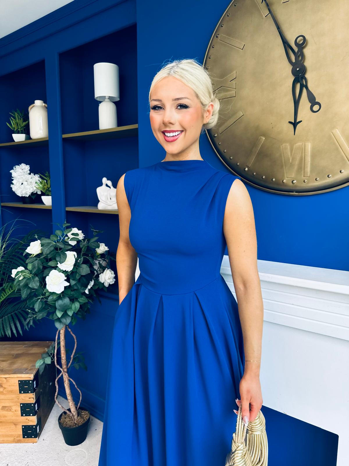 Romy Pleated Neck Midi Dress Cobalt