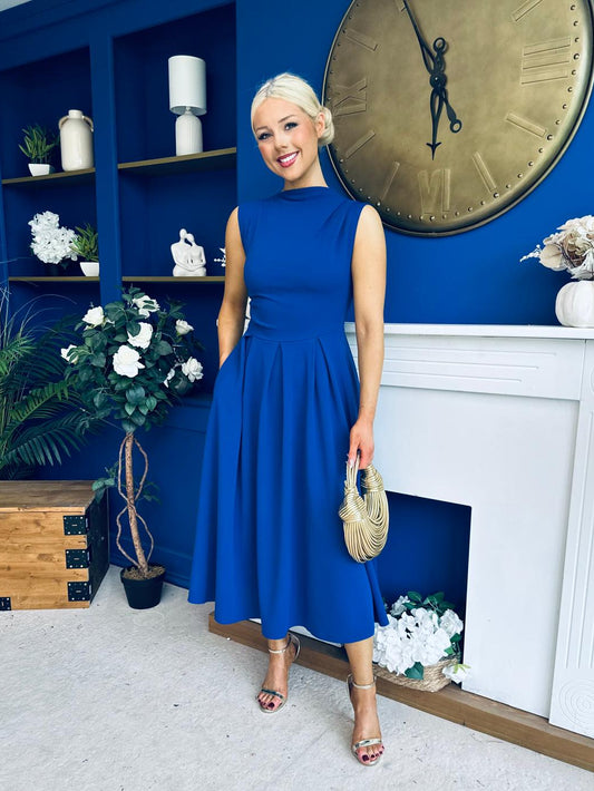 Romy Pleated Neck Midi Dress Cobalt