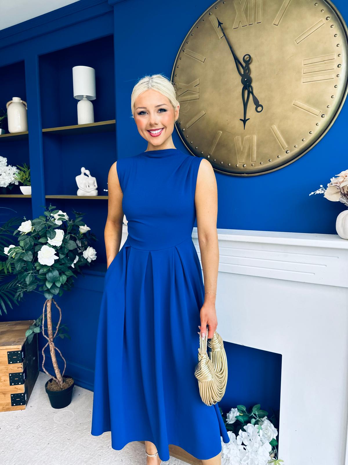 Romy Pleated Neck Midi Dress Cobalt