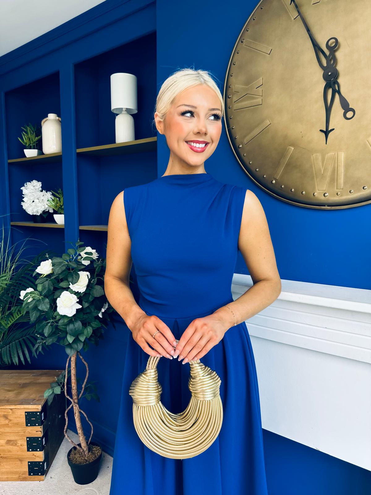 Romy Pleated Neck Midi Dress Cobalt