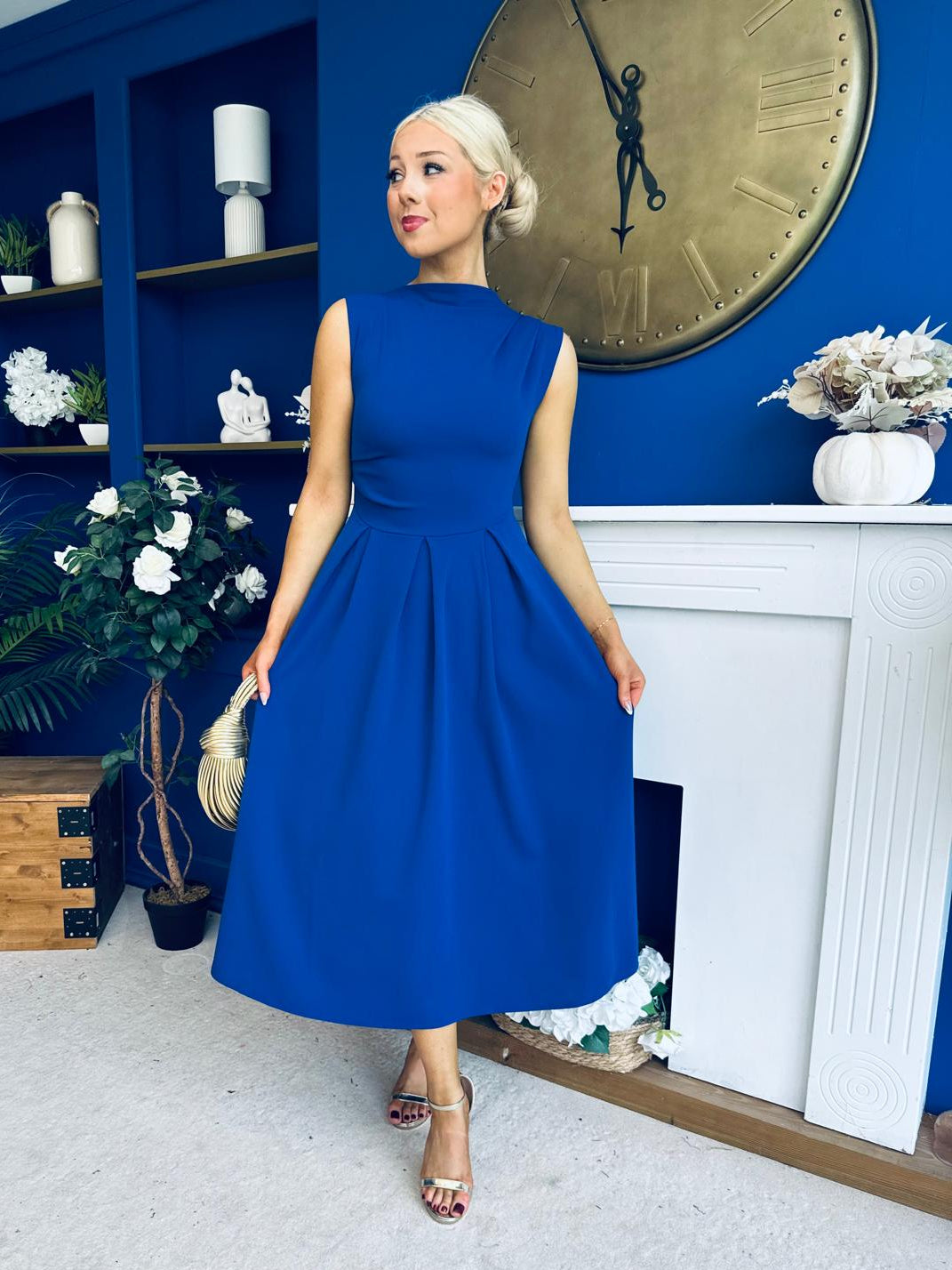 Romy Pleated Neck Midi Dress Cobalt