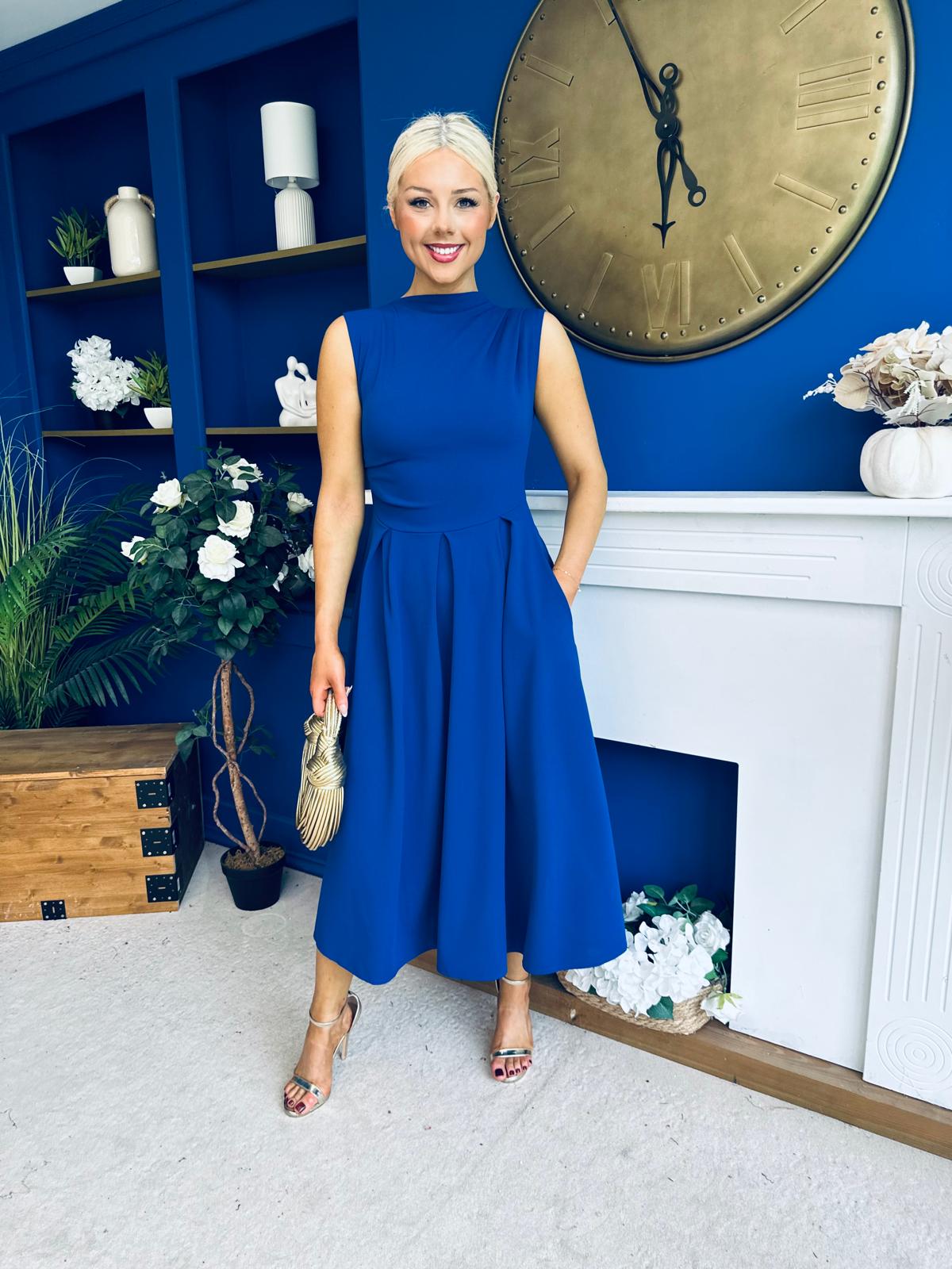 Romy Pleated Neck Midi Dress Cobalt