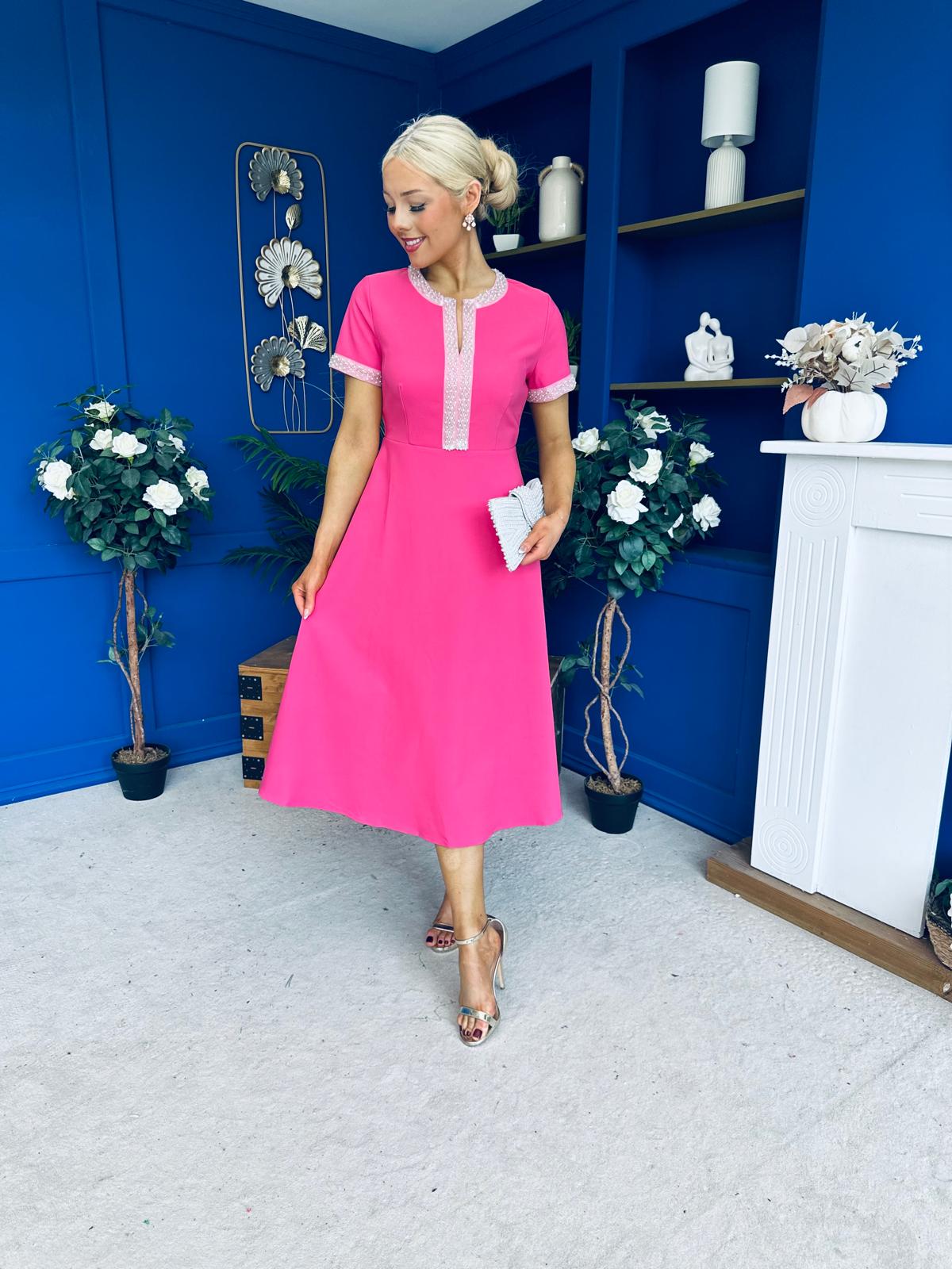 Sandra Beaded Detail Midi Dress Pink