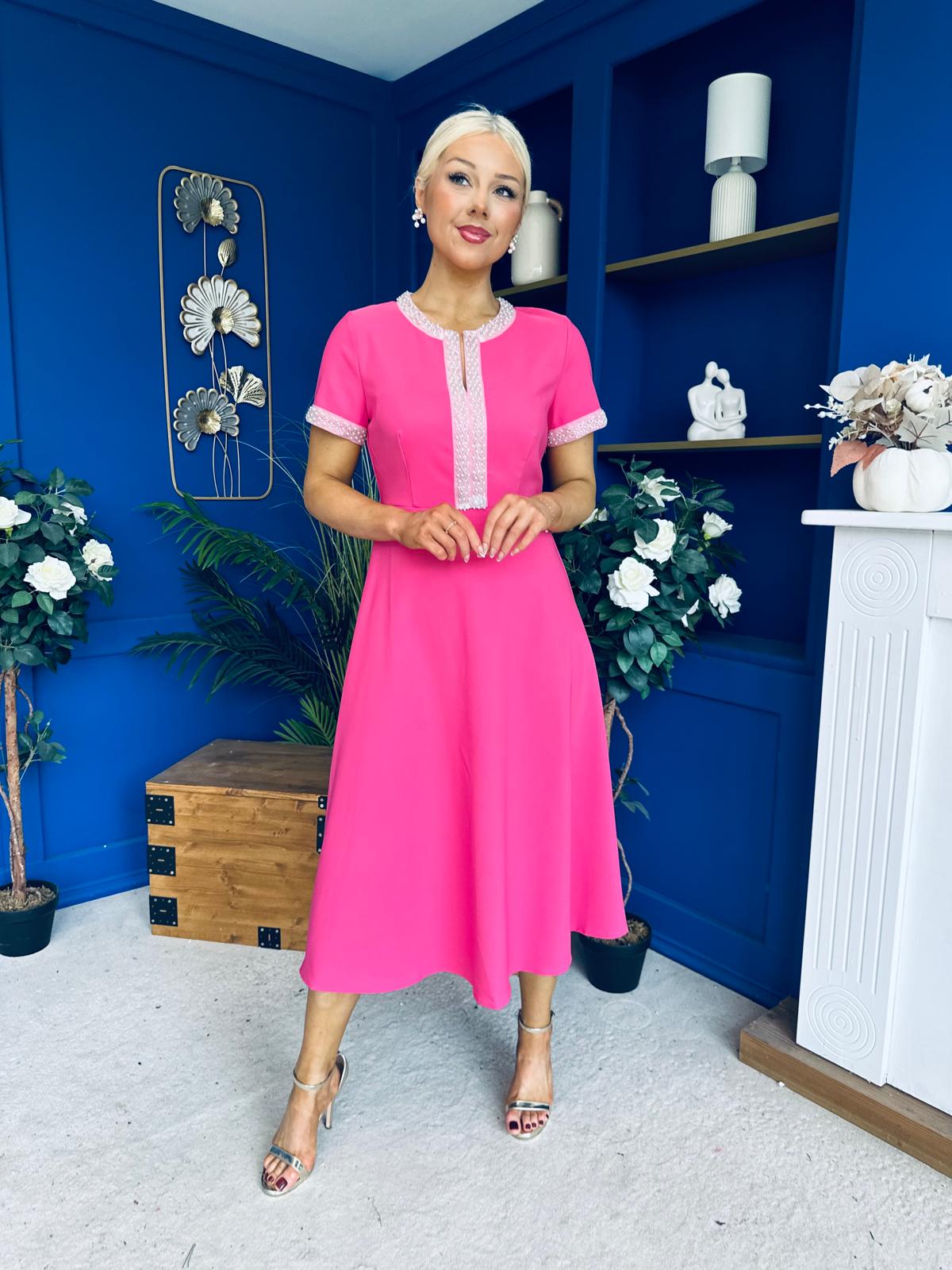 Sandra Beaded Detail Midi Dress Pink