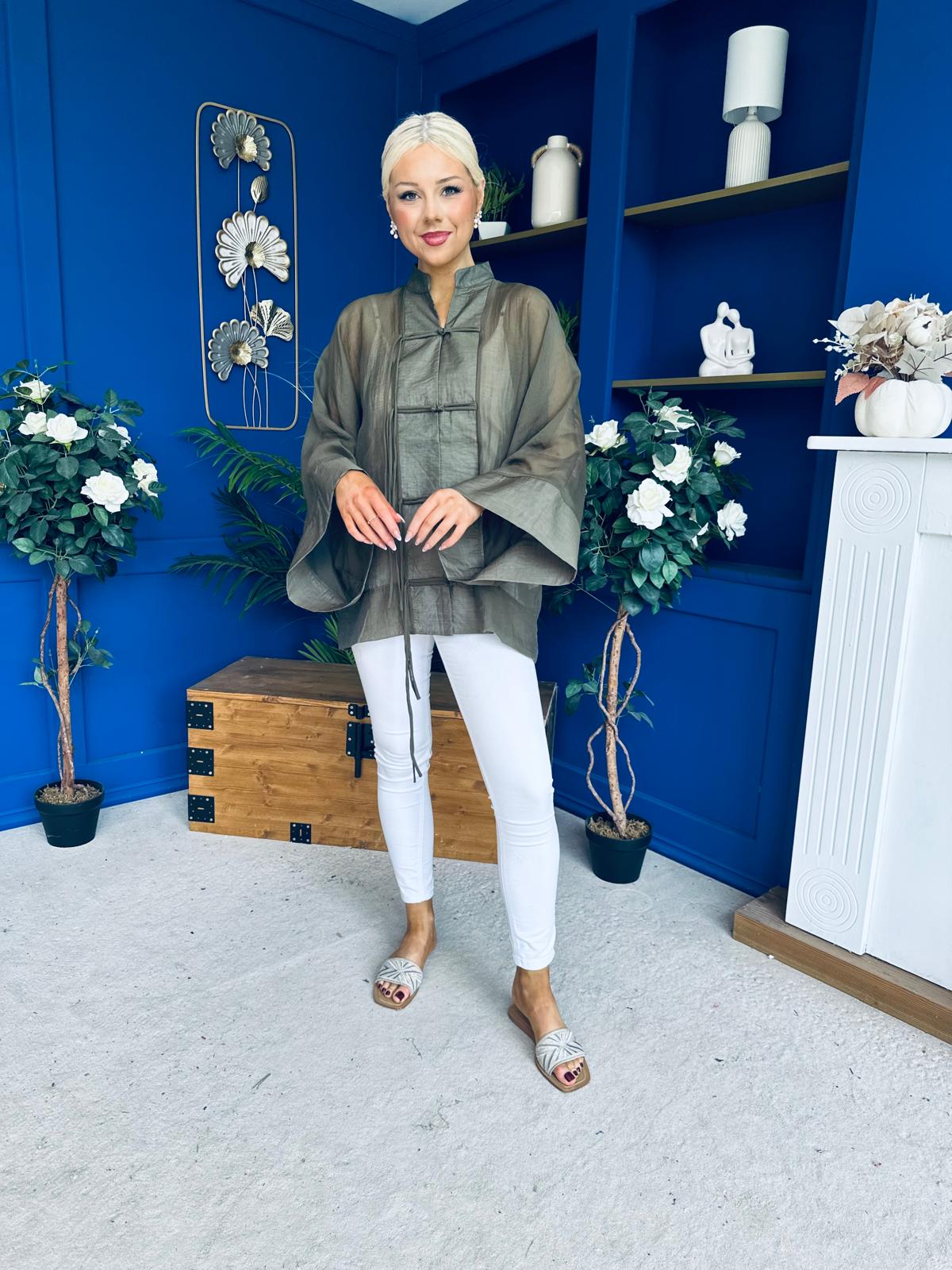Nina Full Sleeve Sheer Blouse Khaki