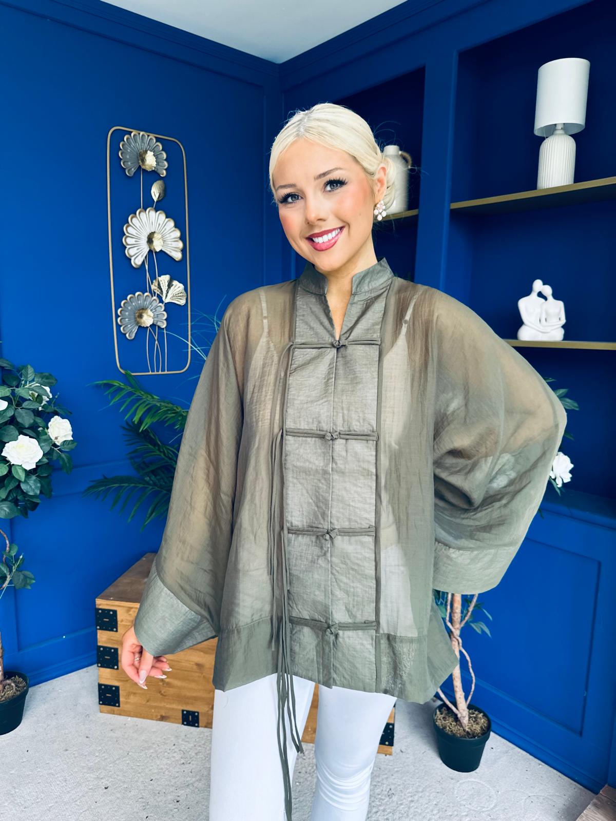 Nina Full Sleeve Sheer Blouse Khaki