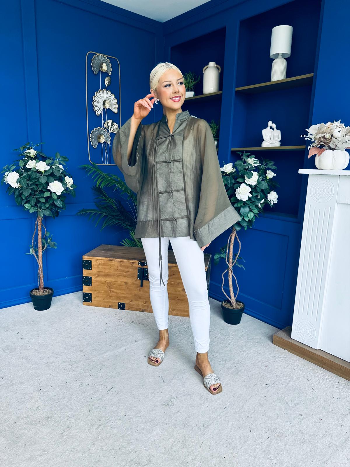 Nina Full Sleeve Sheer Blouse Khaki