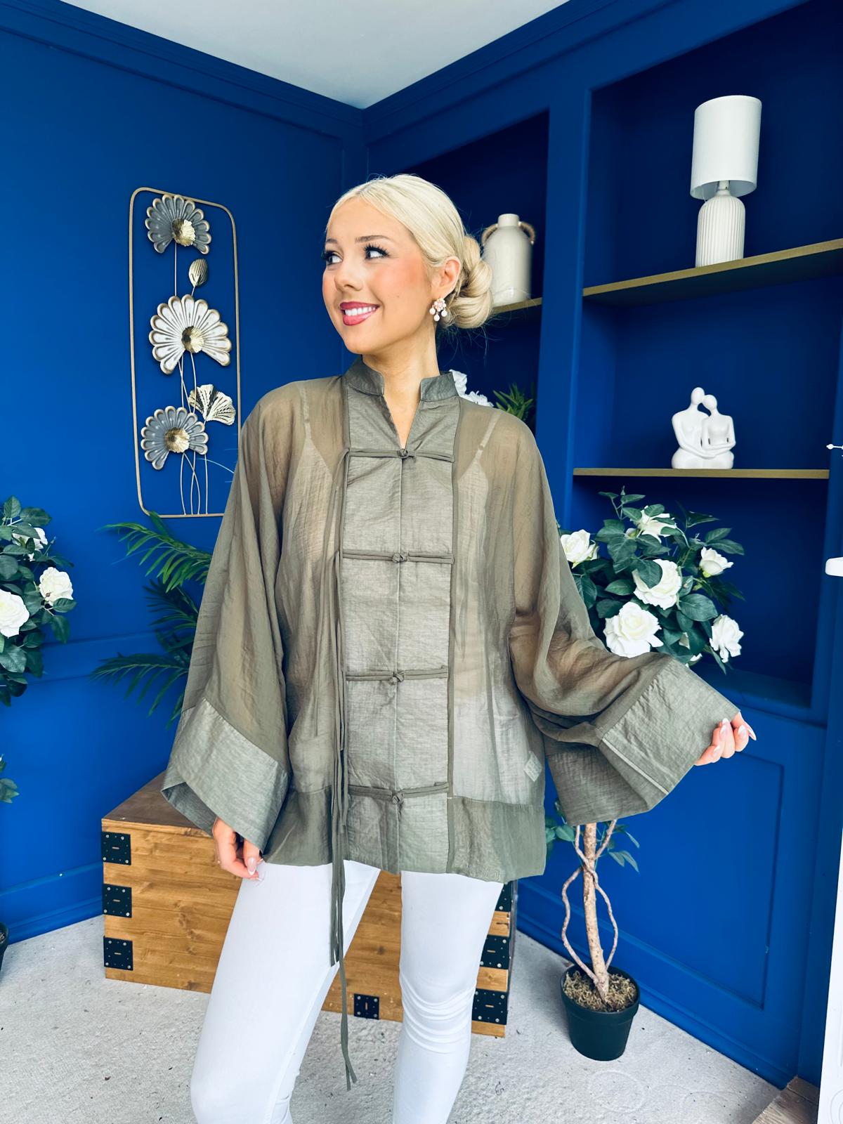 Nina Full Sleeve Sheer Blouse Khaki