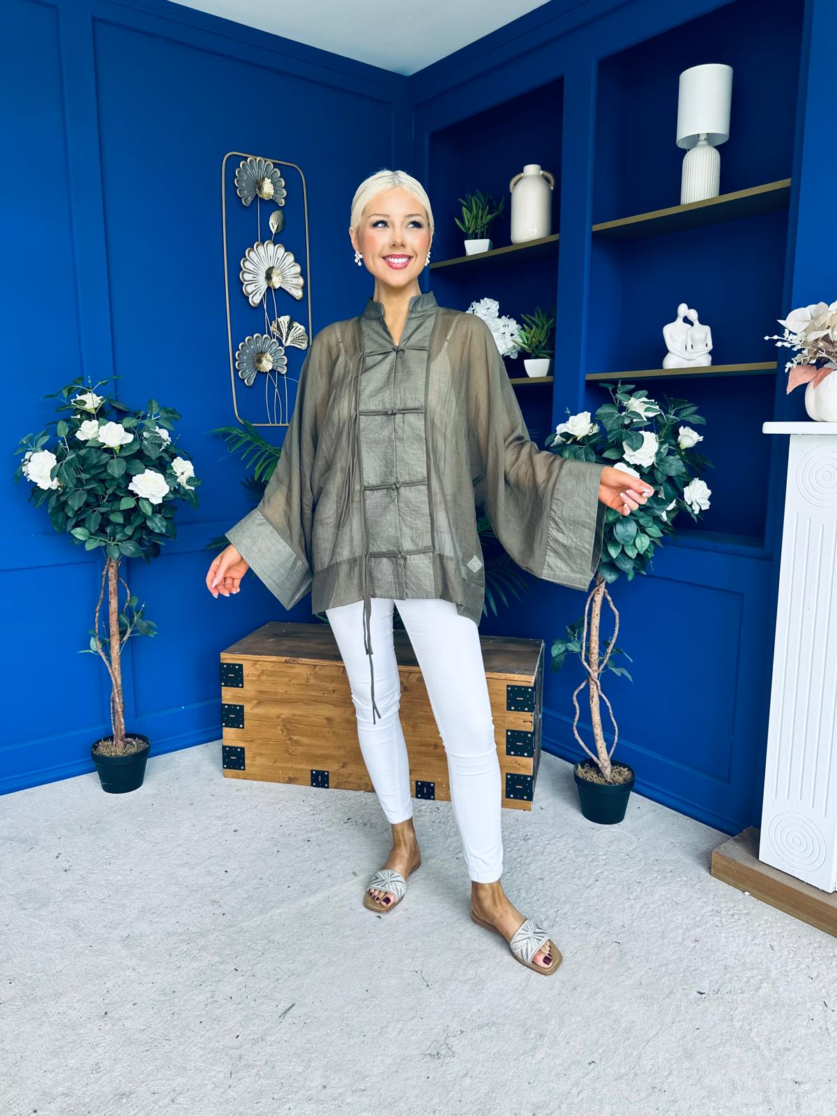 Nina Full Sleeve Sheer Blouse Khaki