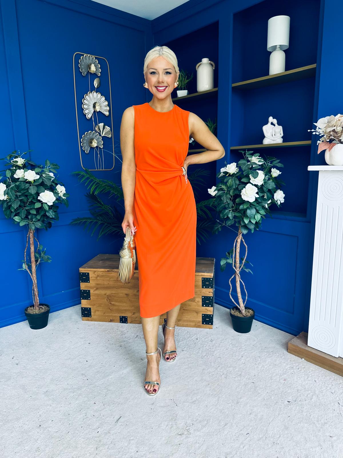 Louisa Gold Buckle Wrap detail Midi Dress Orange