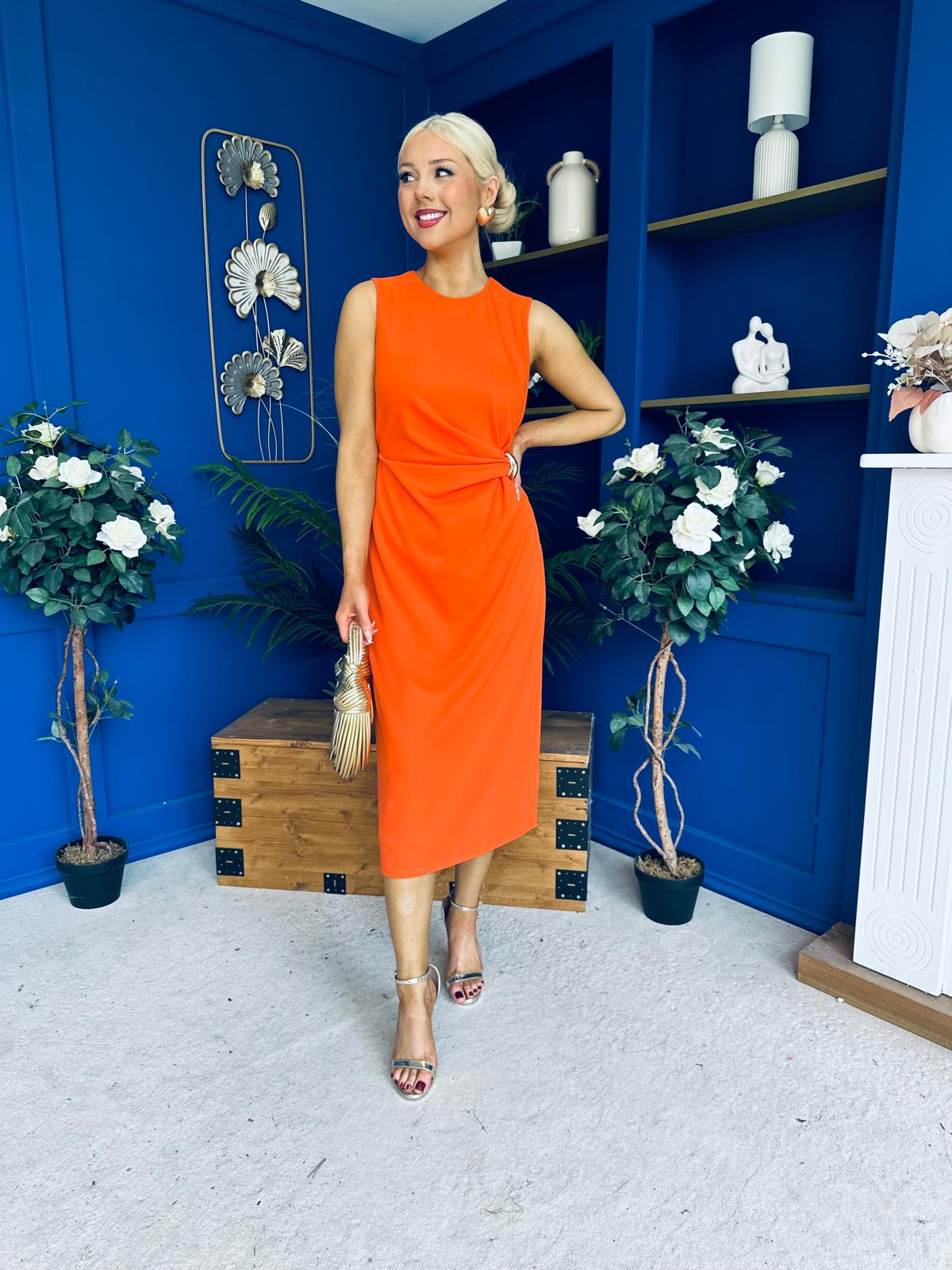 Louisa Gold Buckle Wrap detail Midi Dress Orange