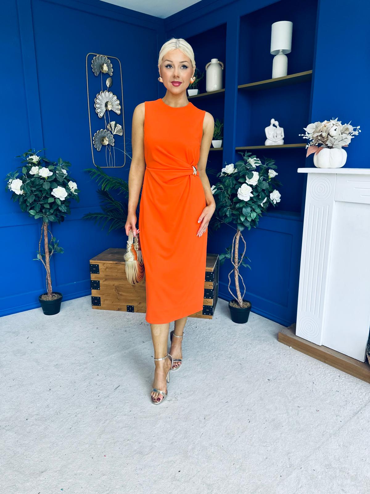 Louisa Gold Buckle Wrap detail Midi Dress Orange