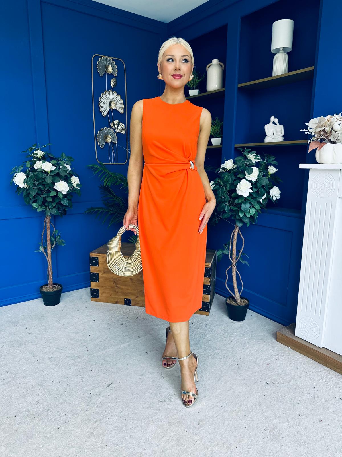 Louisa Gold Buckle Wrap detail Midi Dress Orange