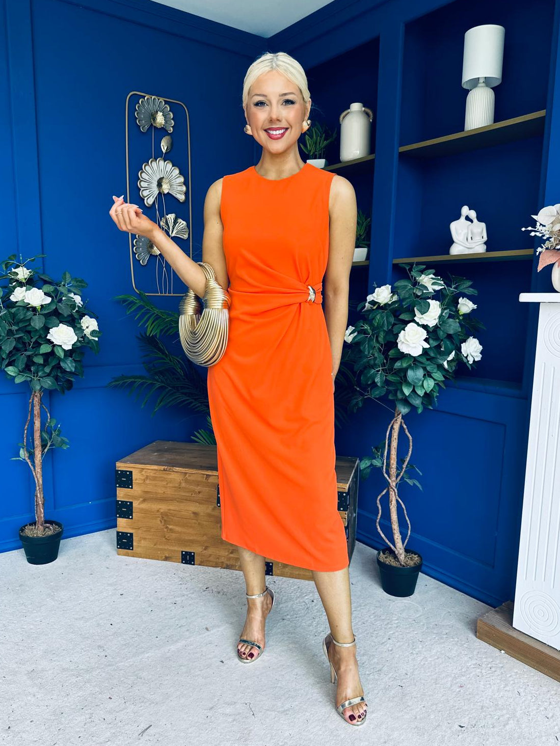Louisa Gold Buckle Wrap detail Midi Dress Orange
