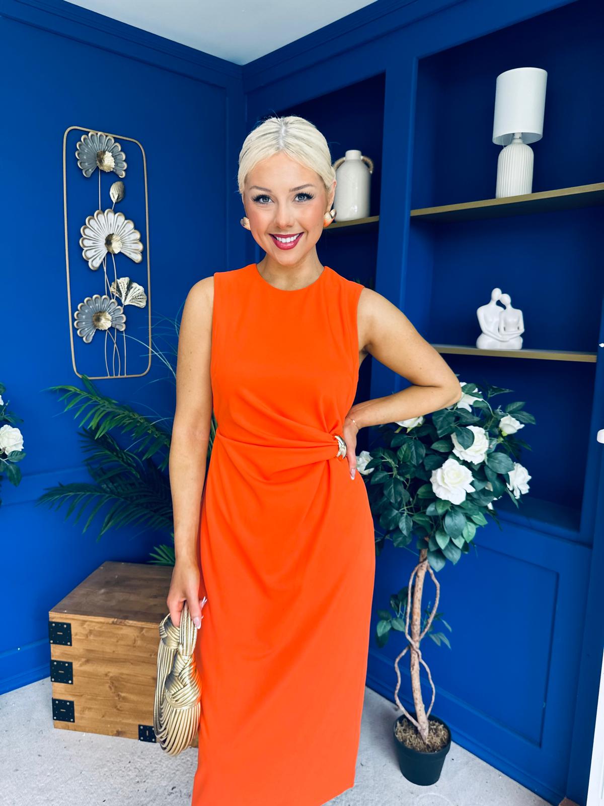 Louisa Gold Buckle Wrap detail Midi Dress Orange