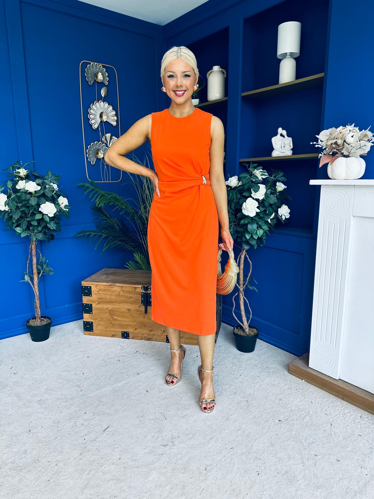 Louisa Gold Buckle Wrap detail Midi Dress Orange