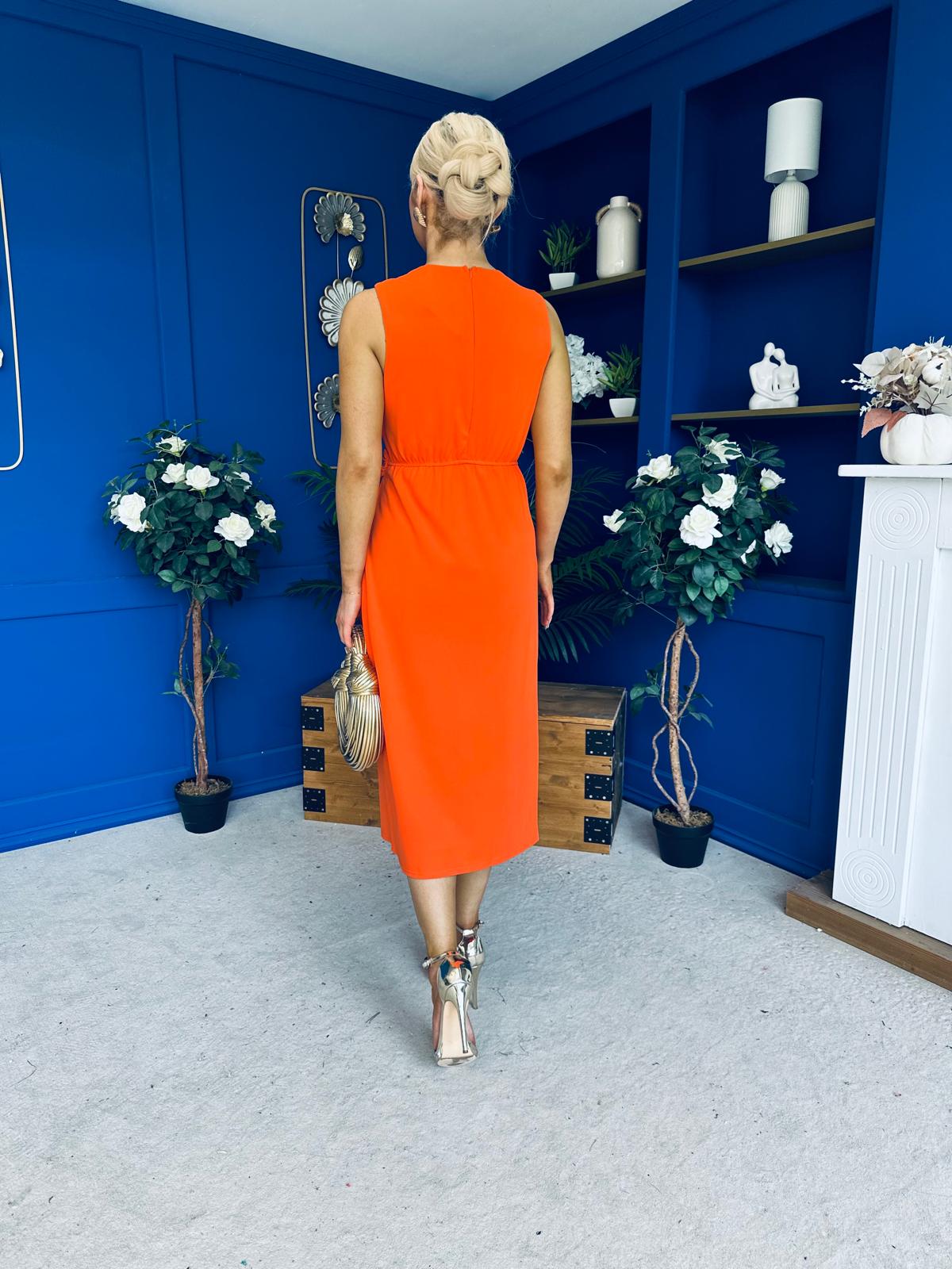 Louisa Gold Buckle Wrap detail Midi Dress Orange