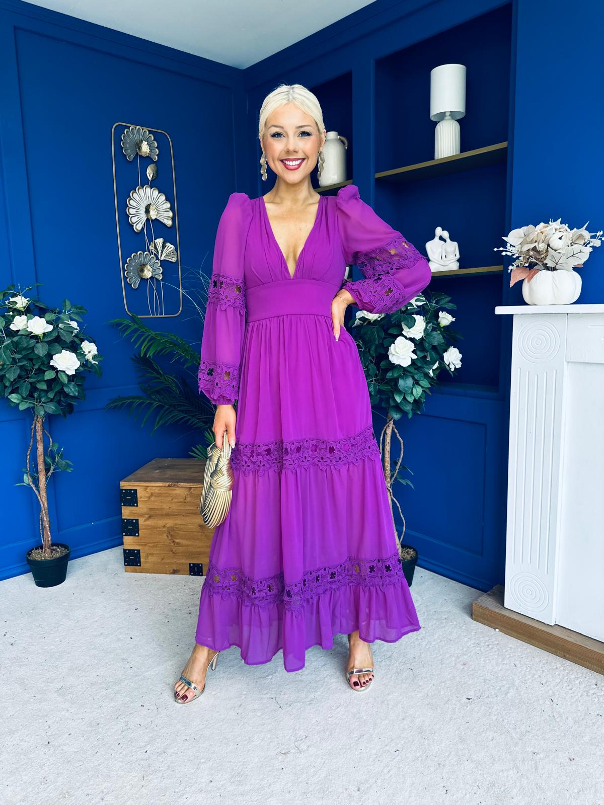 Alexis Plunge Neck Lace Detail Occasion Dress Violet
