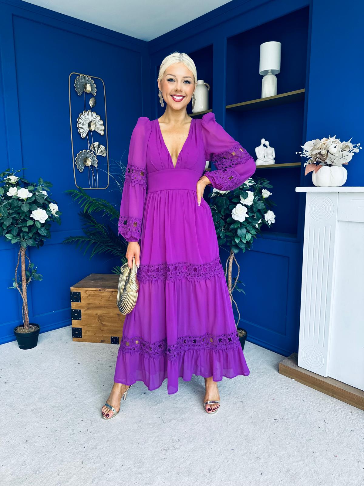 Alexis Plunge Neck Lace Detail Occasion Dress Violet