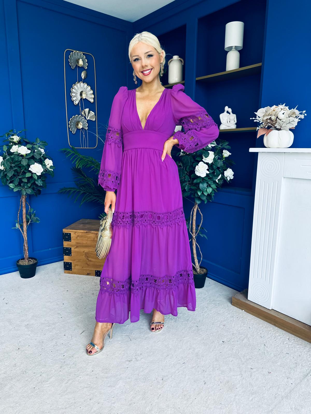 Alexis Plunge Neck Lace Detail Occasion Dress Violet