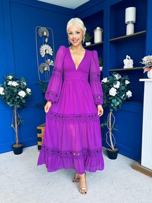 Alexis Plunge Neck Lace Detail Occasion Dress Violet