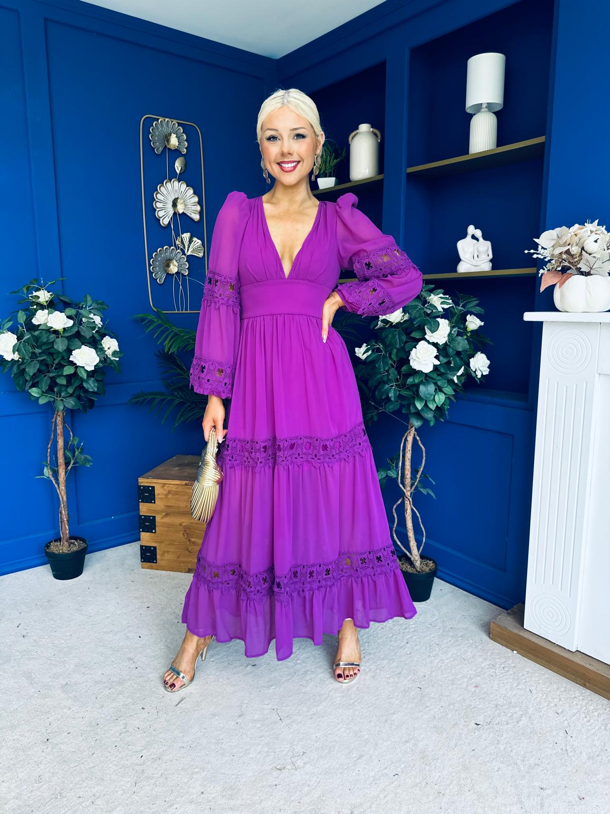 Alexis Plunge Neck Lace Detail Occasion Dress Violet