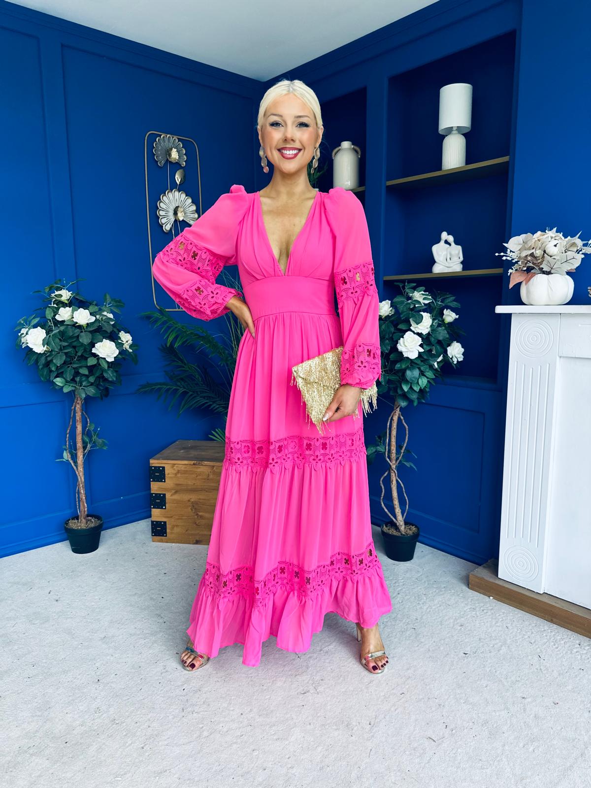 Alexis Plunge Neck Lace Detail Occasion Dress Cerise