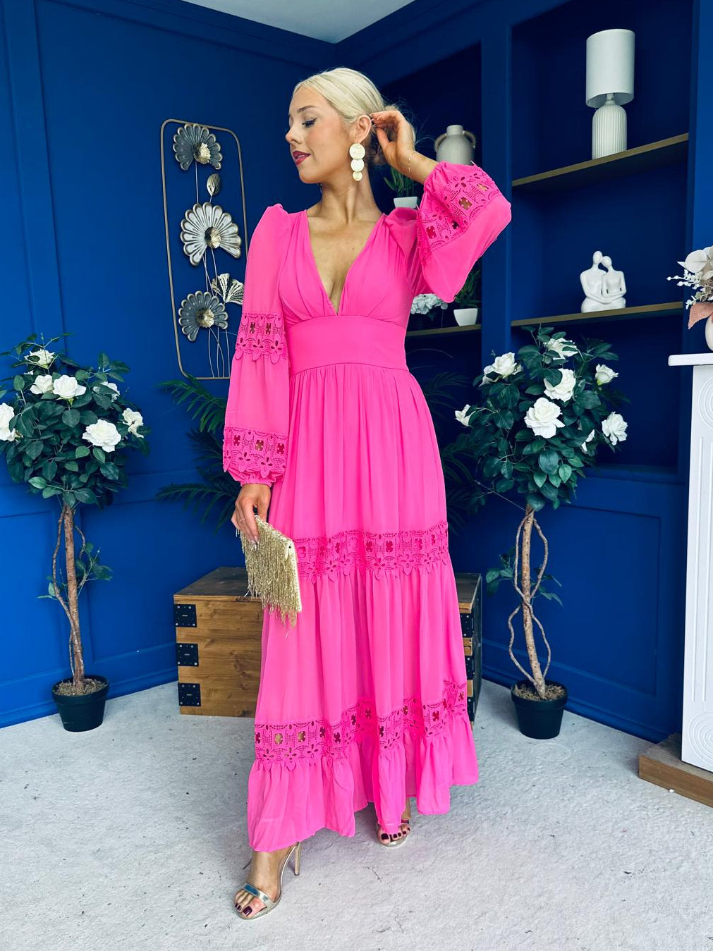 Alexis Plunge Neck Lace Detail Occasion Dress Cerise
