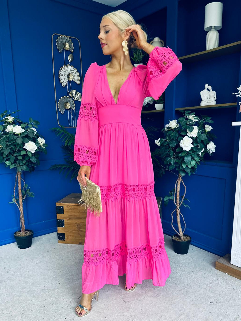 Alexis Plunge Neck Lace Detail Occasion Dress Cerise
