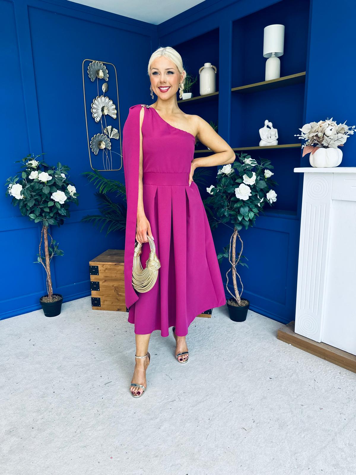 Claire One Shoulder Drape Detail Midi Dress Berry