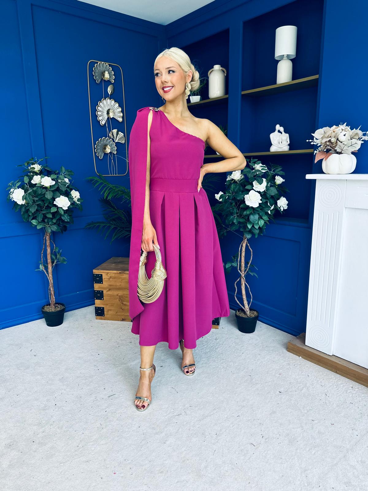 Claire One Shoulder Drape Detail Midi Dress Berry