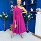 Claire One Shoulder Drape Detail Midi Dress Berry